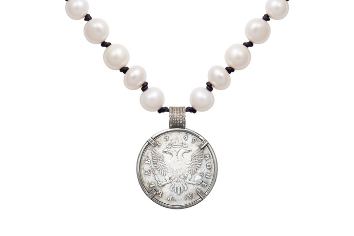 Rough Cut Diamond Coin and Pearl Necklace