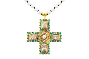 Gold Crystal and Turquoise Cross Necklace