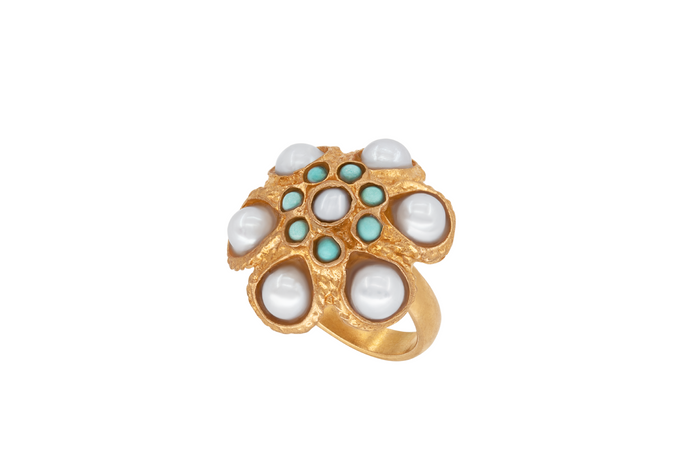 Antiqued Gold Turquoise Flower Ring