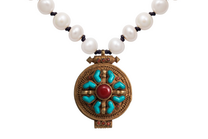 Antiqued Indian Turquoise and Red Coral Cross Necklace