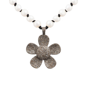 Rough Cut Diamond Flower Pearl Necklace