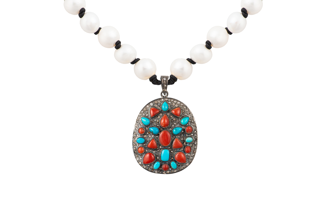Rough Cut Diamond Turquoise & Red Coral Pearl Necklace